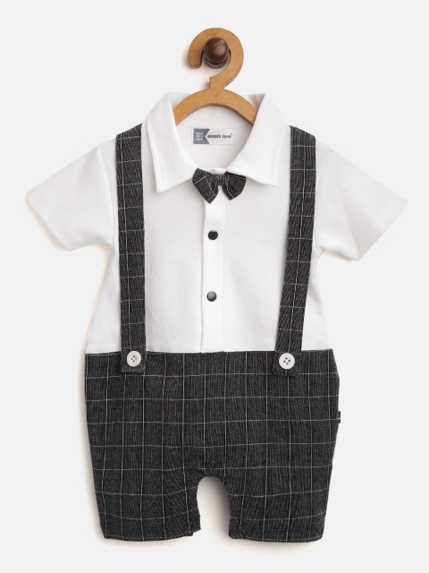 

Moms Love Infant Boys White & Black Pure Cotton Checked Rompers with Suspender Detail