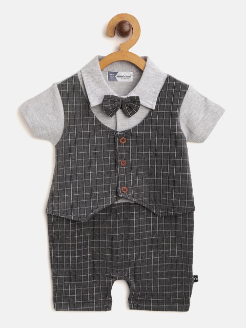 

Moms Love Infant Boys Black & Grey Melange Cotton Checked Rompers with Attached Waistcoat