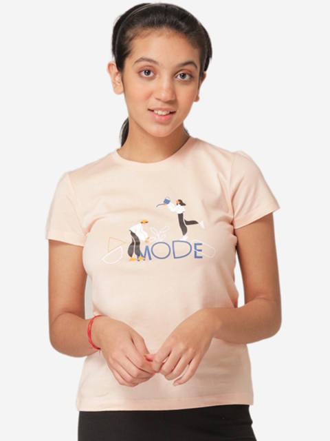 

Mode by Red Tape Girls Peach-Coloured Printed Round Neck T-shirt