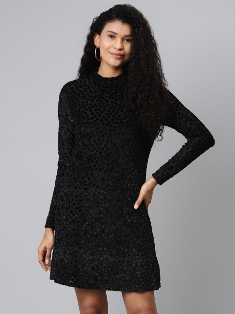 

Marks & Spencer Women Black Self Design A-Line Dress With Velvet Finish