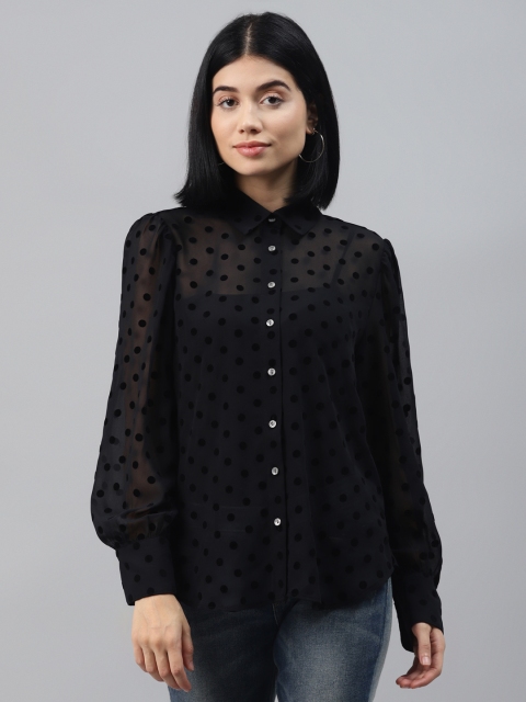 

Marks & Spencer Women Black Regular Fit Polka Dot Self Design Semi Sheer Casual Shirt