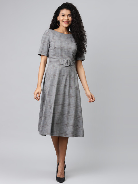 

Marks & Spencer Women Grey Checked Formal A-Line Dress
