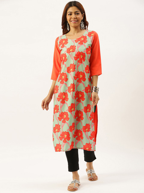 

7threads Women Sea Green & Orange Floral Printed Kurta