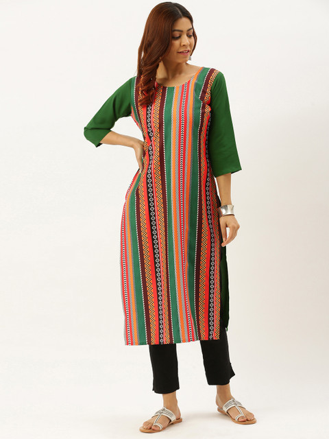 

7threads Women Green & Multicoloured Striped Kurta