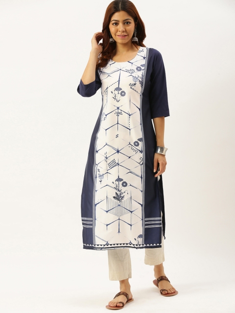 

7threads Women White & Navy Blue Floral Printed Kurta