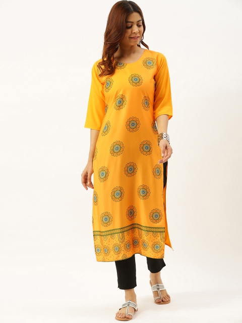

7threads Women Yellow & Green Printed Kurta