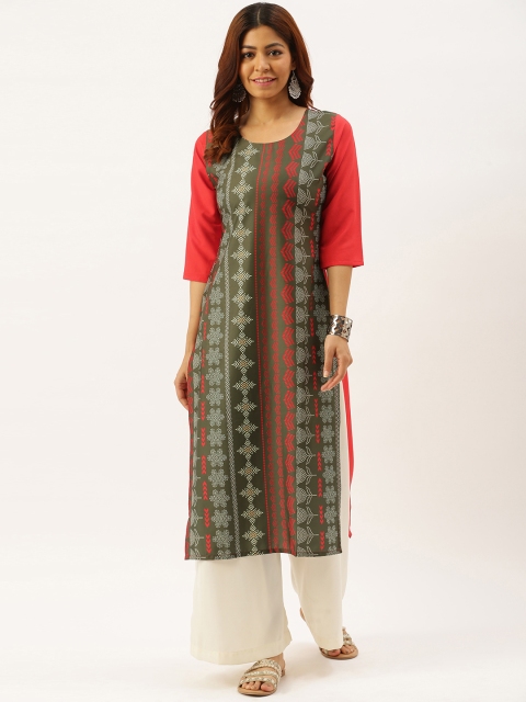 

7threads Women Green & Red Printed Kurta