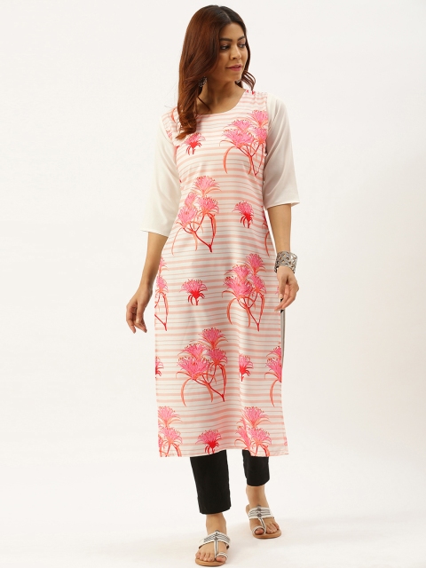 

7threads Women White & Pink Printed Kurta