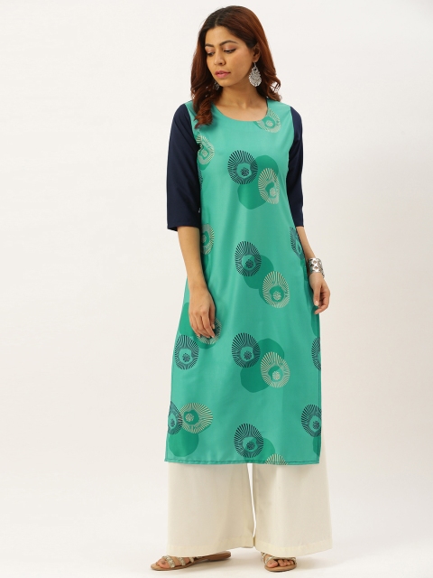 

7threads Women Sea Green & Navy Blue Printed Kurta