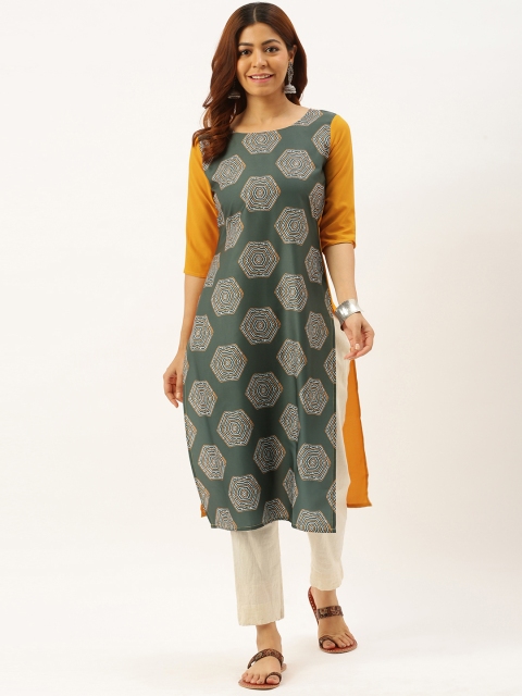 

7threads Women Olive Green & Mustard Yellow Printed kurta