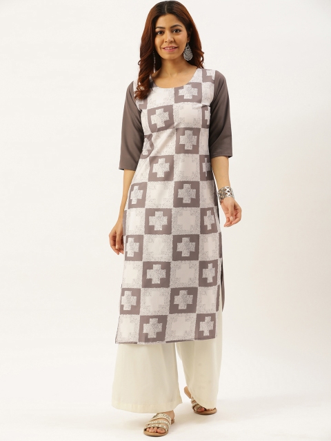 

7threads Women Grey & White Printed Kurta