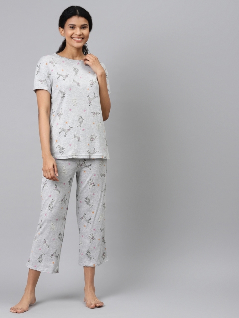 

Marks & Spencer Women Grey Melange & Black Quirky Printed Night Suit