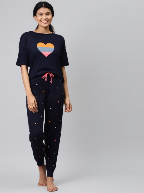 

Marks & Spencer Women Navy Blue & Orange Printed Pure Cotton Night Suit