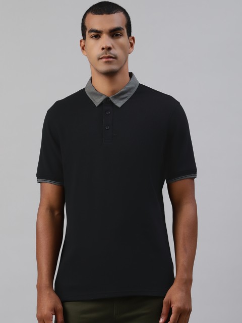 

Marks Spencer Men Black Solid Polo Contrast Collar Pure Cotton T-shirt