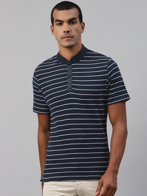 

Marks & Spencer Men Navy Blue & White Slim Fit Pure Cotton Striped Mandarin Collar T-shirt