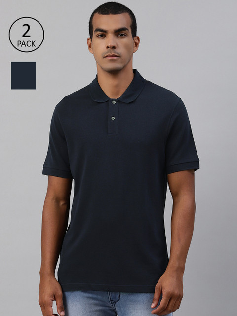 

Marks Spencer Men Pack Of 2 Navy Blue Solid Pure Cotton Polo Collar Pure Cotton T-shirt