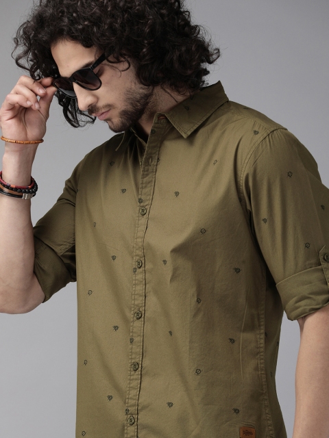 

Roadster Men Olive Green Regular Fit Printed Pure Cotton Casual Shirt