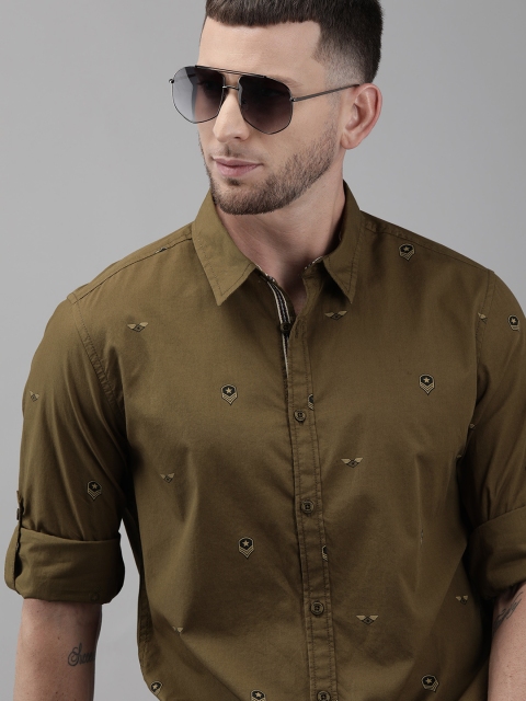 

Roadster Men Olive Brown Regular Fit Logo Printed Casual Shirt