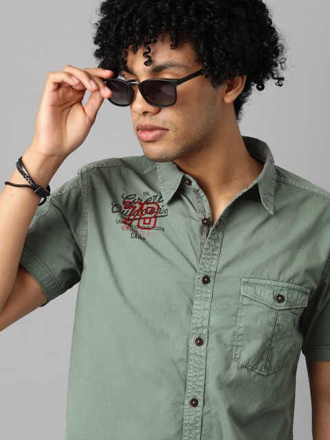 

The Roadster Lifestyle Co Men Green Typography Embroidered Casual Shirt
