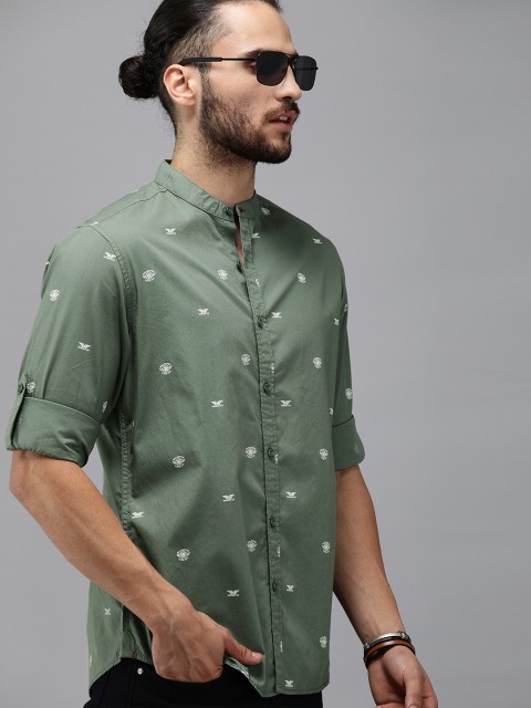 

Roadster Men Olive Green & White Pure Cotton Regular Fit Printed Casual Shirt