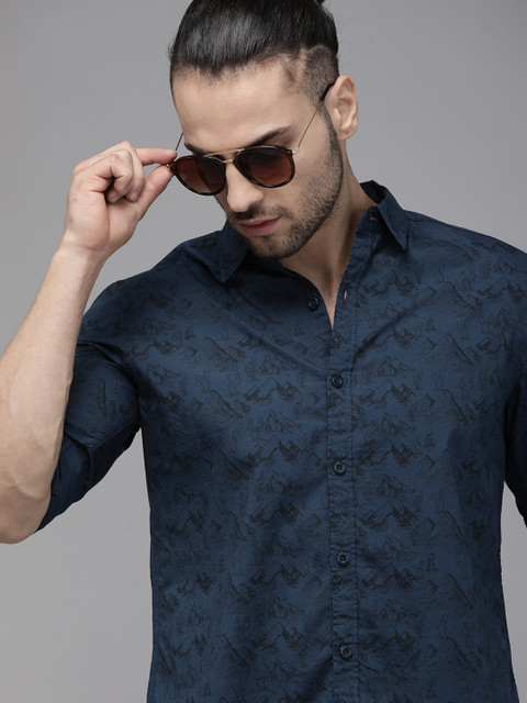 

Roadster Men Navy Blue Printed Casual Shirt