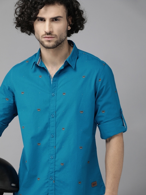 

The Roadster Lifestyle Co Men Blue Regular Fit Brand Logo Printed Casual Shirt