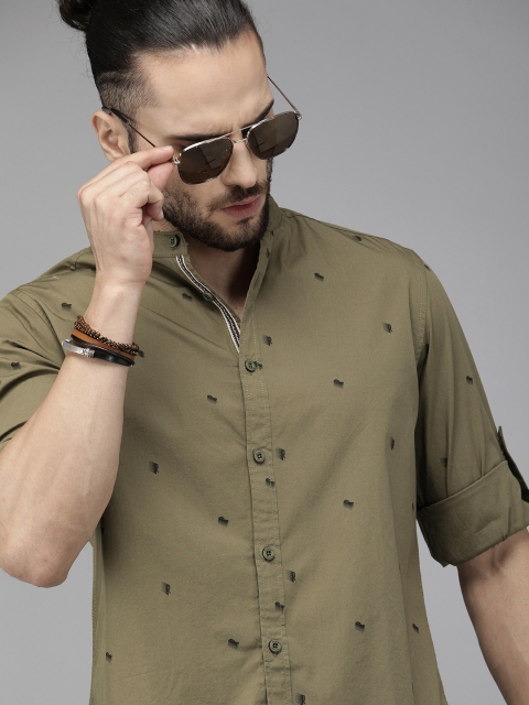 

The Roadster Lifestyle Co Men Olive Brown Printed Casual Shirt