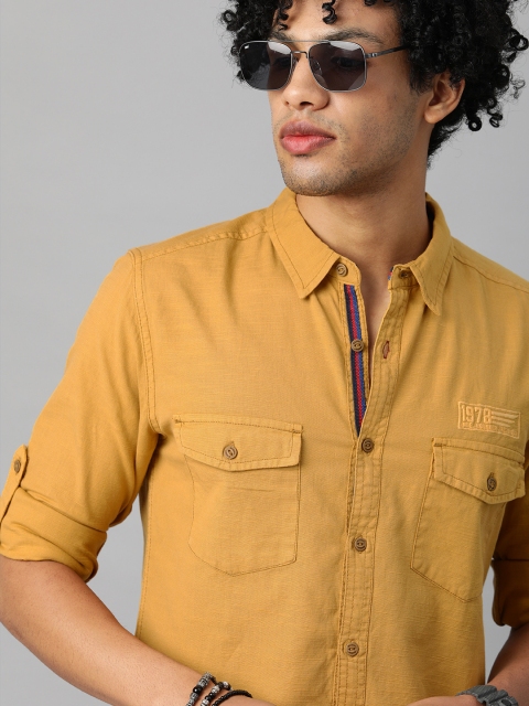 

The Roadster Lifestyle Co Men Mustard Yellow Solid Pure Cotton Pockets Casual Shirt