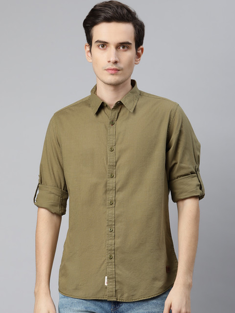 

Roadster Men Olive Green Pure Cotton Regular Fit Solid Casual Shirt