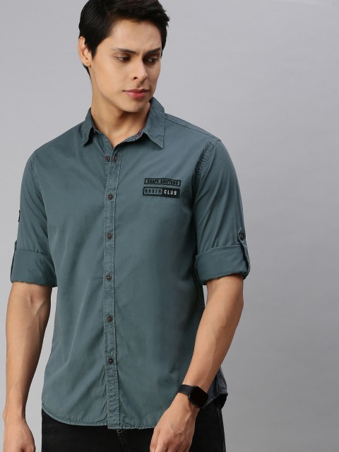 

The Roadster Lifestyle Co Men Grey Regular Fit Solid Casual Shirt With Applique Detailing