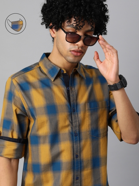 

Roadster Men Mustard Yellow & Blue Checked Casual Shirt with Mask