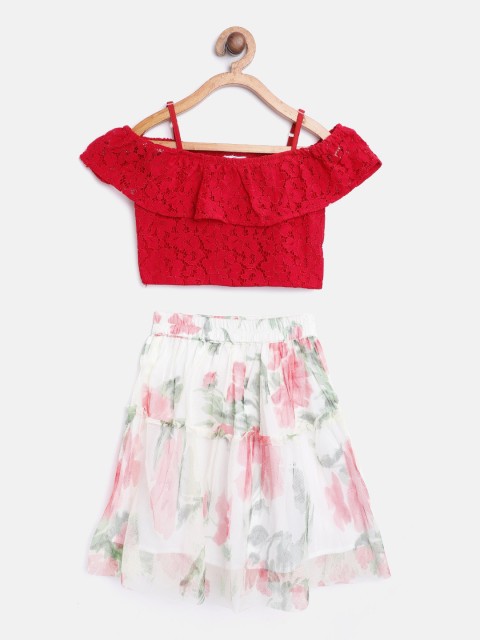 

pspeaches Girls Red & Off-White Lace Off-Shoulder Top with Net Skirt