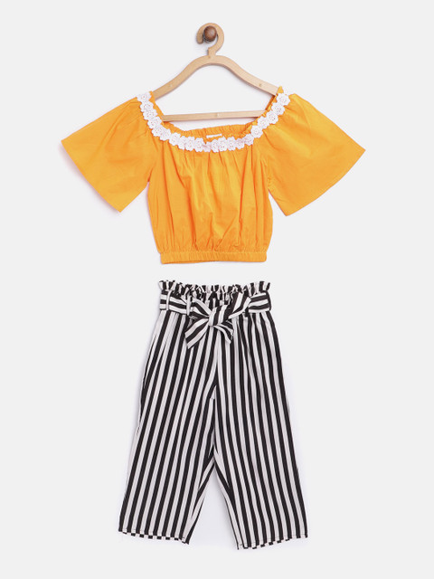 

pspeaches Girls Yellow & Black Solid Top with Trousers & Belt