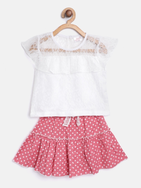 

pspeaches Girls White & Pink Lace Top with Printed Skirt