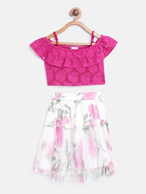 

pspeaches Girls Pink & White Self Design Net Crop Top with Skirt