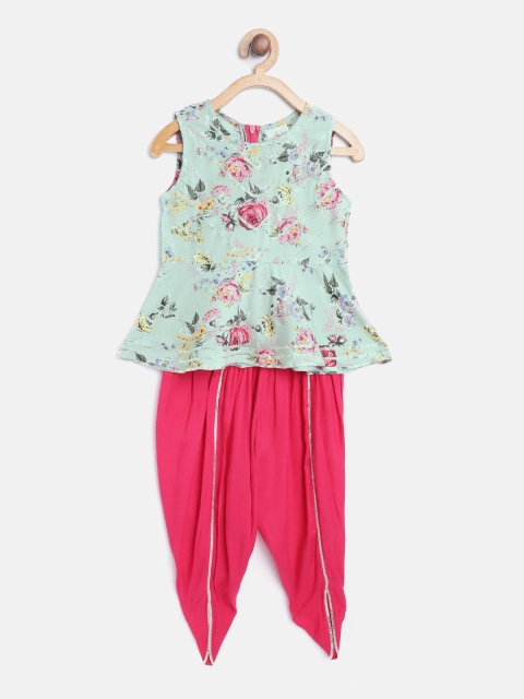 

pspeaches Girls Green & Pink Floral Print Top with Solid Dhoti Pants