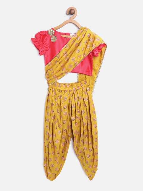 

pspeaches Girls Pink & Mustard Yellow Solid Top with Dhoti Pants & Attached Dupatta