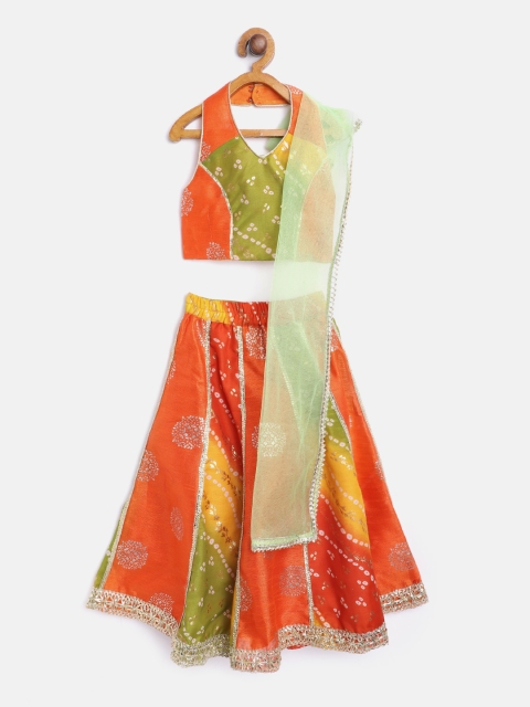 

pspeaches Girls Orange & Olive Green Printed Ready to Wear Lehenga & Blouse with Dupatta