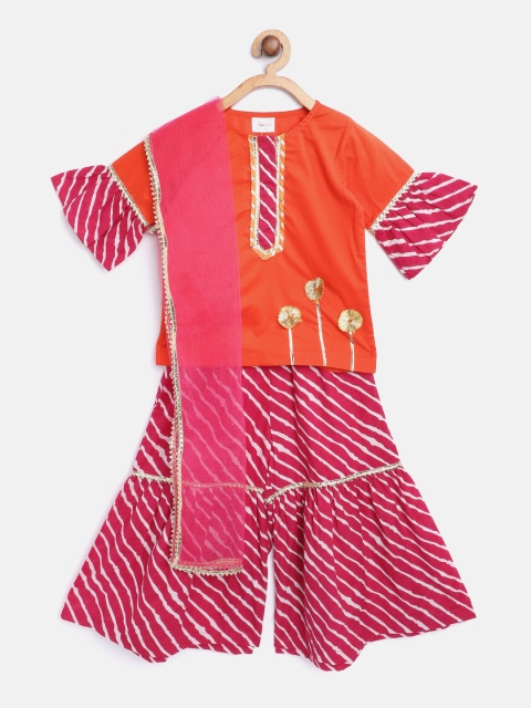 

pspeaches Girls Orange & Magenta Solid Top with Leheriya Print Sharara & Dupatta