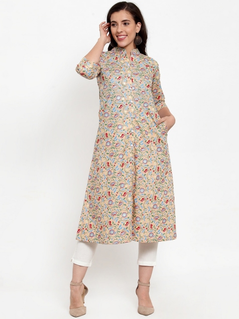 

Indibelle Women Peach-Coloured & White Foil Print Kurta with Trousers