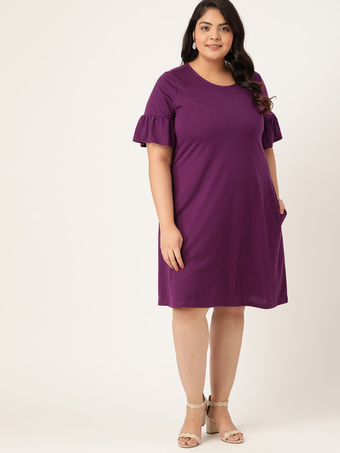 

Sztori Plus Size Purple Solid Knitted Bell Sleeves A-Line Dress