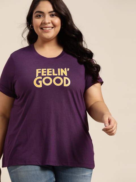 

Sztori Women Plus Size Purple & Mustard Yellow Typography Print T-shirt