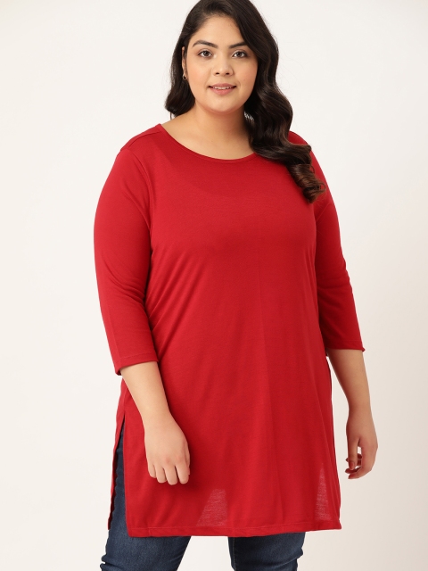 

Sztori Women Plus Size Red Solid Knitted Straight Kurta