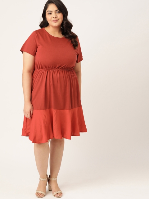 

Sztori Women Plus Size Rust Red & Orange Colourblocked A-Line Dress