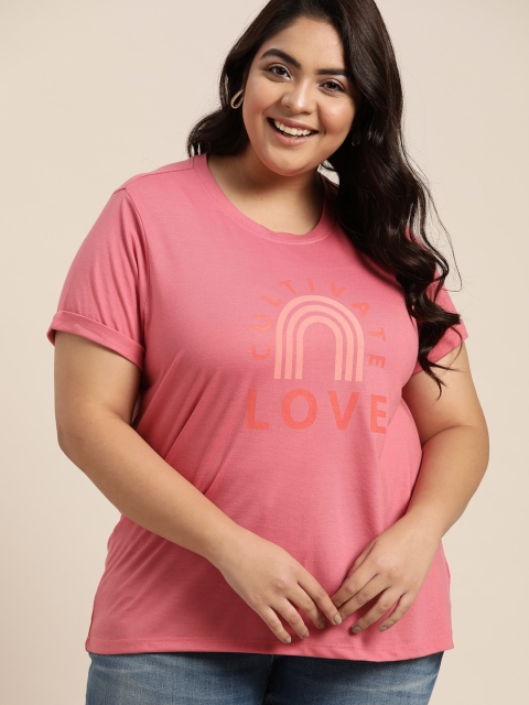 

Sztori Women Plus Size Pink & Coral Orange Typography Print T-shirt
