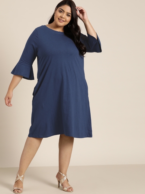 

Sztori Plus Size Navy Blue Solid Cotton A-Line Midi Dress