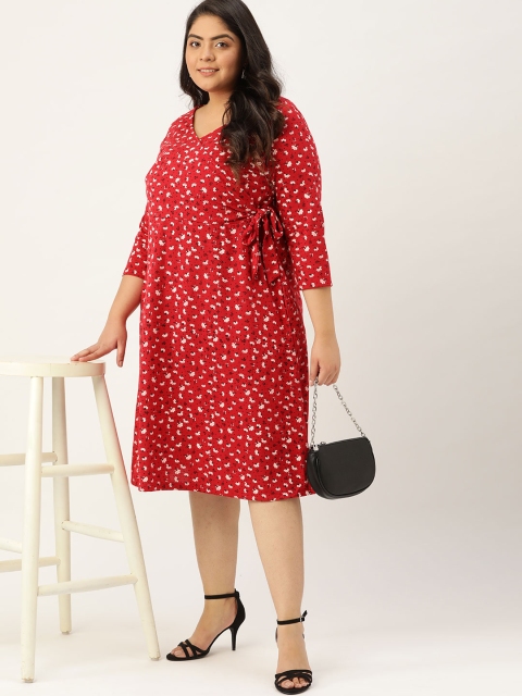 

Sztori Plus Size Red & White Floral Printed Midi Dress