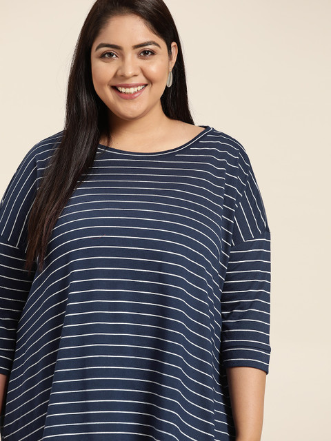 

Sztori Women Plus Size Navy Blue & White Striped Drop-Shoulder Sleeves T-shirt