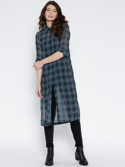 

ONLY Green Checked Polyester Long Sheer Shirt