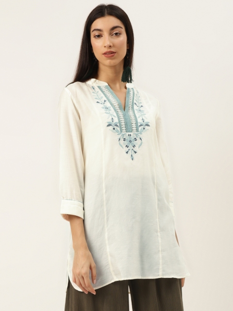 

Ritu Kumar Women Off-White & Green Yoke Design Embroidered Kurti